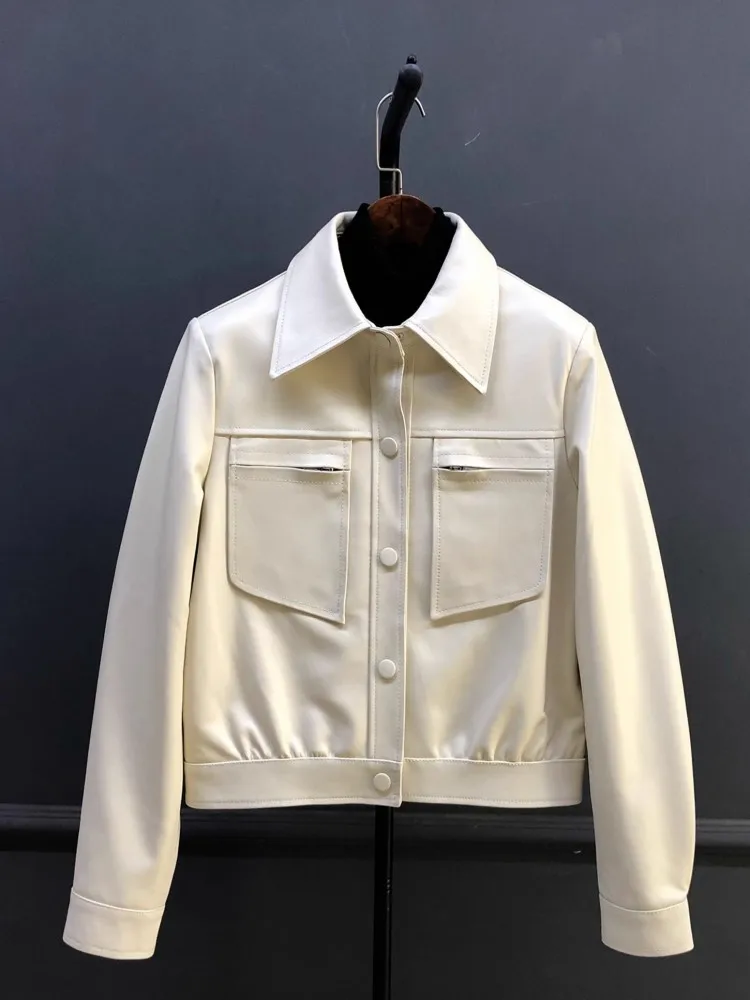Damska kurtka motocyklowa z prawdziwej skóry owczej, krótki płaszcz, kwadratowy kołnierz, jednorzędowa, dopasowany krój, skórzana odzież wierzchnia, casual.