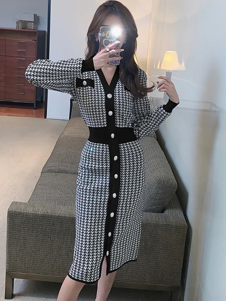 

2024 Black Bird Lattice Knitted Woolen Cardigan Dress Autumn Winter Elegant Bodycon Sweaters Women Korean Fashion Casual Sweater