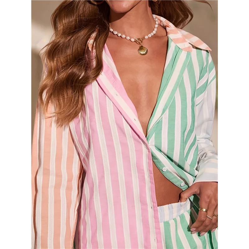 CYL-レディース カジュアル セットアップ ストライプ 長袖シャツとゆったりハイウエストミニショートパンツセット ピンク グリーン M