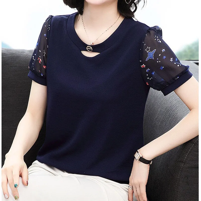 Fashion O-Neck Hollow Out Gauze Blouse Women's Clothing 2023 Spring New Oversized Casual Pullovers All-match Commute Shirt