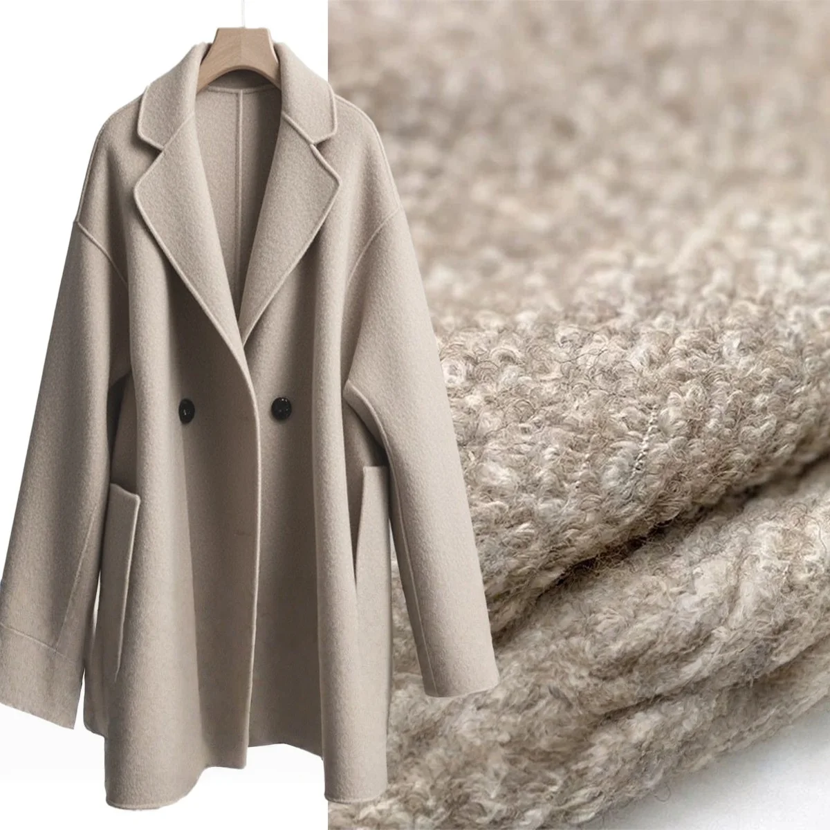 2 Yards of Oatmeal-Colored Looped Soft Thick Double-Sided Knitted Wool Fabric for Autumn and Winter Coats