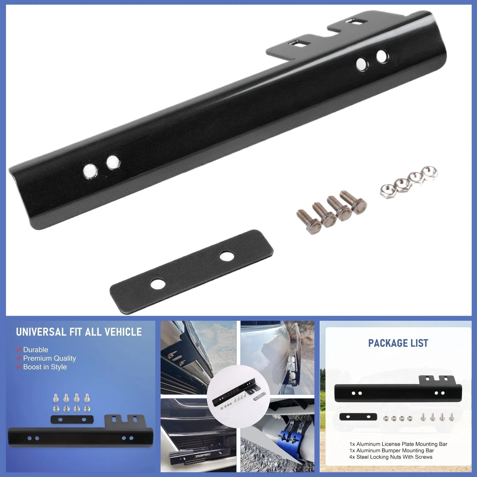 Black Front Bumper License Plate Mount Bracket Relocator Holder Bar