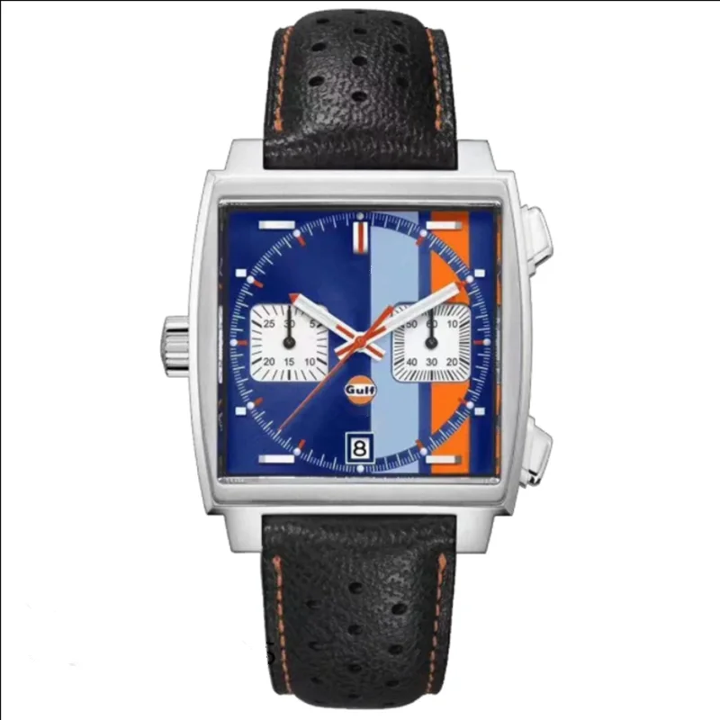

Классические мужские кварцевые наручные часы-хронограф класса люкс с синим кожаным ремешком, водонепроницаемые, светящиеся, функциональные, спортивные, Gulf