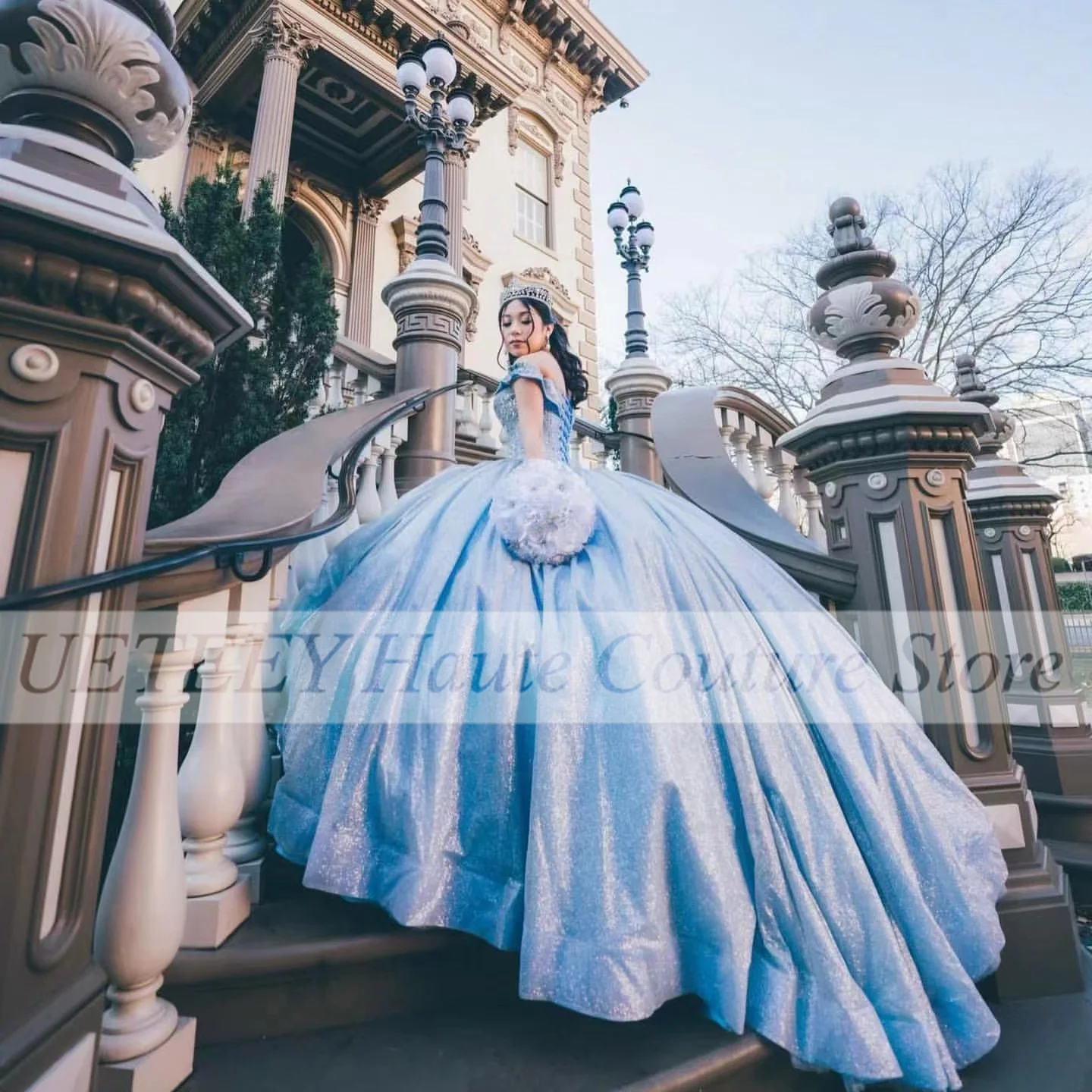 Gaun Quinceanera Biru Gemerlapan Berpayet Manik-manik Applique Pesta Pernikahan Putri Bola Gwons Vestidos De 15 Quinceañera