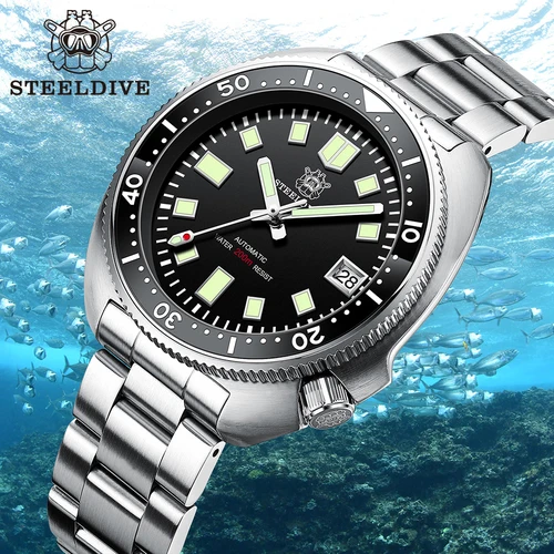 Steeldive SD1970 Fondo de fecha blanca 200M Resistente al agua NH35 6105 Reloj de buceo automático Turtle