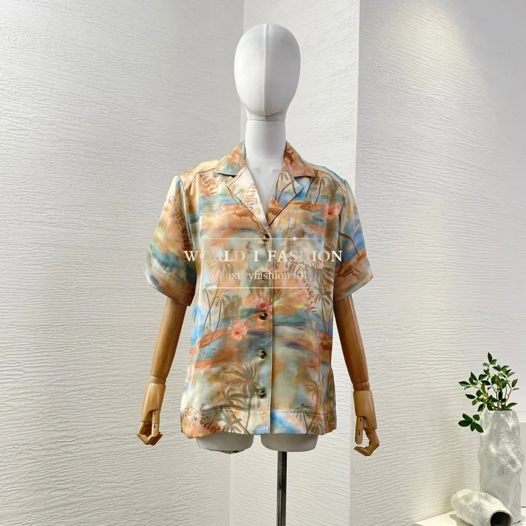 

High Quality Blue Morning Scenery Print Short Sleeve Blouse Tops