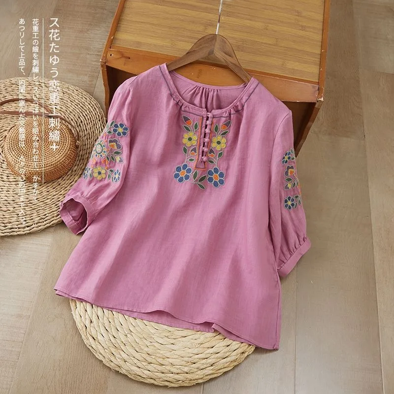 

Women's Ethnic Floral Embroidered Linen Blouse Loose Retro Casual Short Sleeve Shirt