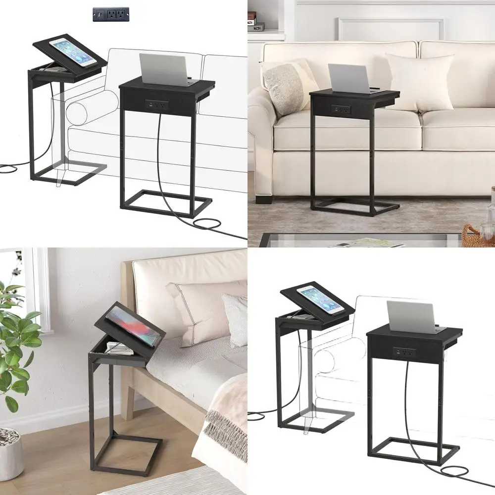 

Черный Регулируемый 45 ° Наклонные C-образные торцевые столики с зарядной станцией, набор из 2 шт. для небольших помещений и гостиных