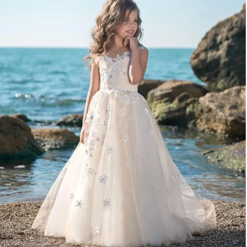 

White Sleeveless Flower Girl Dresses Puffy For Wedding Sequins Baby Kids Birthday Ball Gown Princess First Communion Gowns