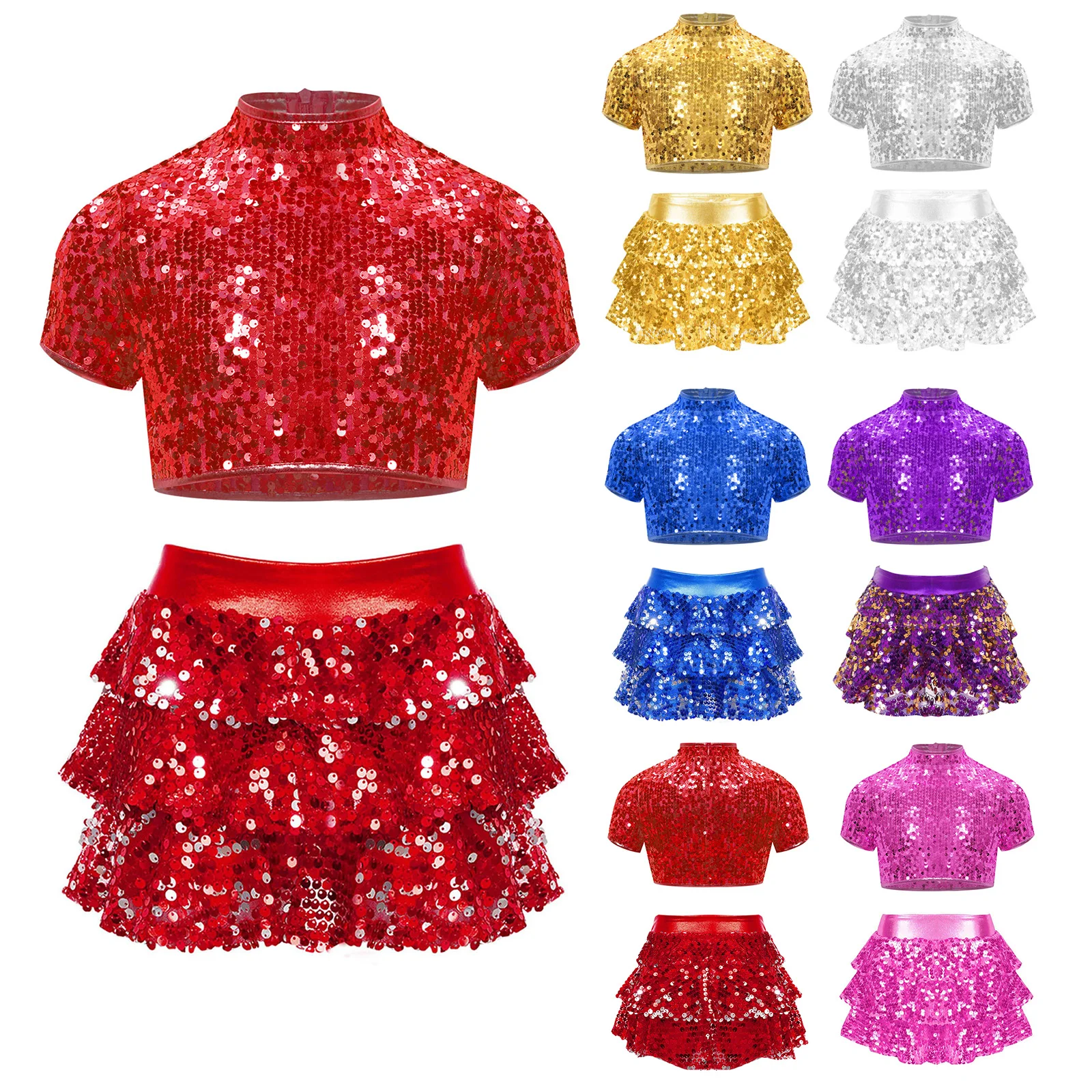 Trajes de baile de Jazz para niñas, traje de baile de porristas con lentejuelas brillantes, Top corto brillante de manga corta con falda, traje de baile