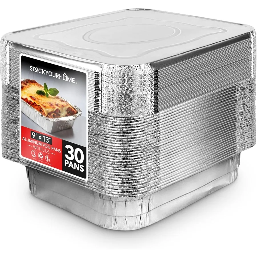 

Set of 30, 9 x 13 Disposable Aluminum Pans with Lids - Heavy Duty Foil Pans with Lids Foil Pan Covers, Food Catering Containers