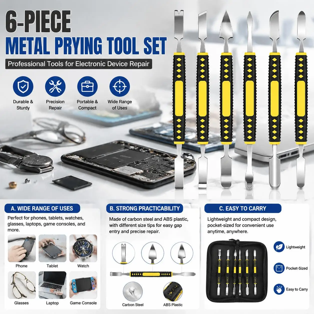 6Pcs Professional Stainless Steel Double Ended Spudger Pry Bar Opening Scraper Repair Tool Kit for Mobile Phone iPad Tablet PC Laptop MacBook Smart Watch Electronic Device Disassembly Hand Tools Durable