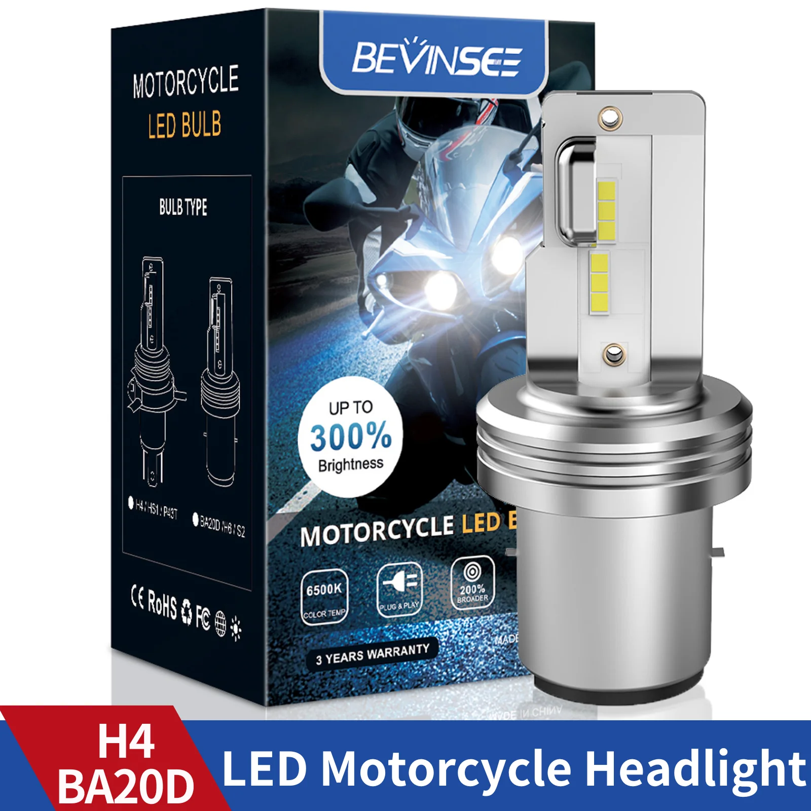 BEVINSEE H4 BA20D LED Moto Hi/Lo Beam 9003 HS1 H6 LED-Scheinwerfer für Honda Kawasaki Yamaha DC/AC Non-Polarity Plug&Play 6500K 12V