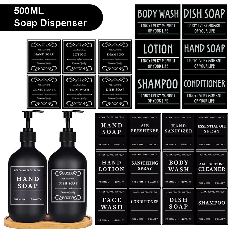 Matzwarte Zeepfles Set PET Plastic 500ML met Lade/Etiketten Handzeepbakje Vloeistofcontainer Hervulbare DIY Lotion Fles