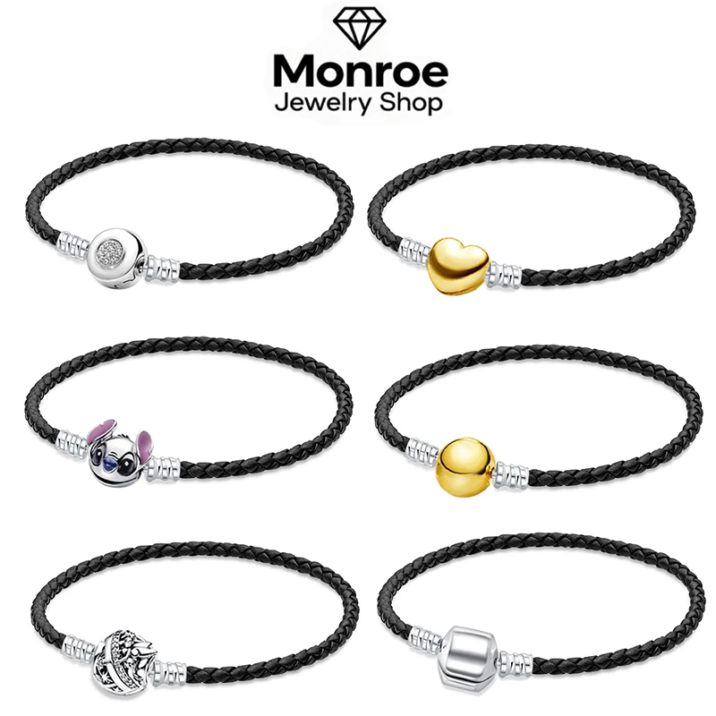 

Classic Black 925 Sterling Silver Heart-shaped Leather Cord Bracelet Is A Charming And Exquisite DIY Birthday Gift.