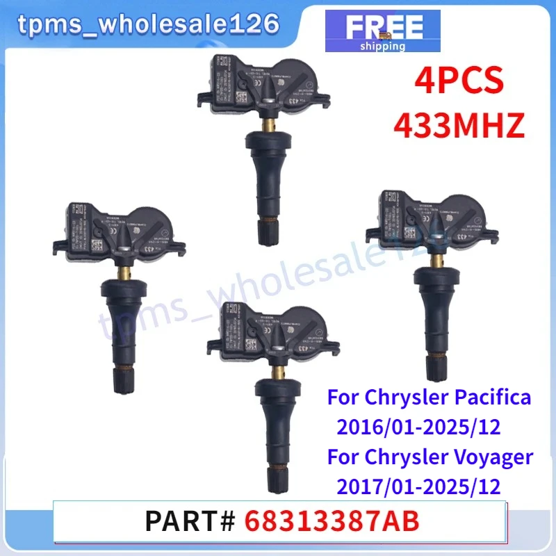 

68313387AB Датчик давления в шинах, 4 шт./лот для Chrysler Voyager Pacifica Dodge Durango Jeep Compass Renegade TPMS 433 МГц 2017-2025 гг.