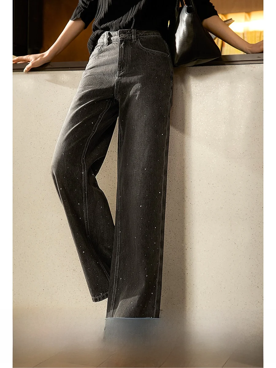 

Xhange Glowing Pants Premium Rhinestone Washed Cotton Straight Leg Quality Denim Skimpy Breathable Spring Ladies Jeans