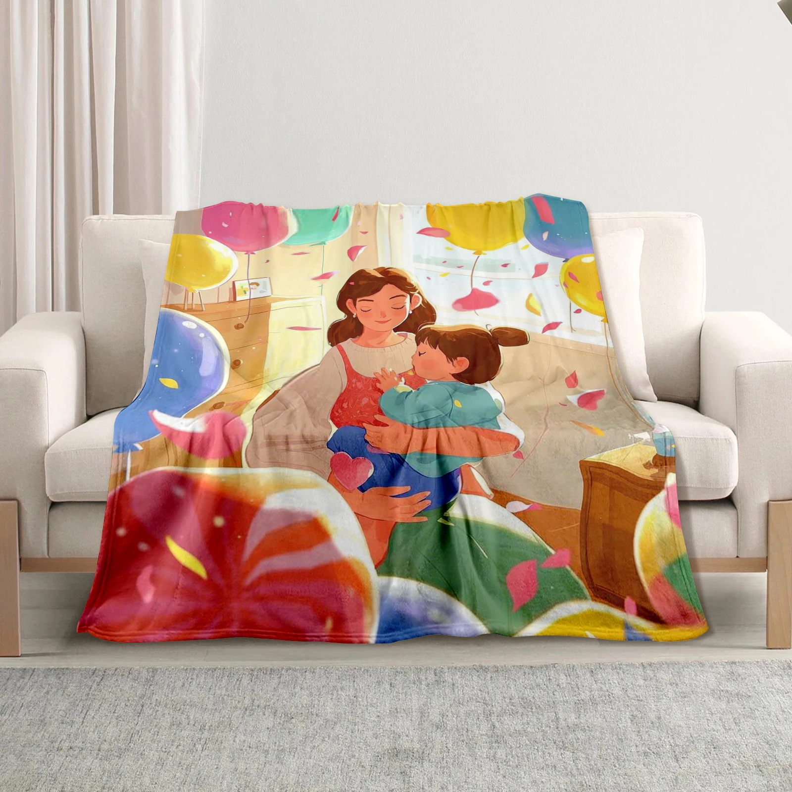 Mothers Day Flannel Blanket Featuring Cartoon Mother And Child With Balloons And Heartfelt Wishes For Mom