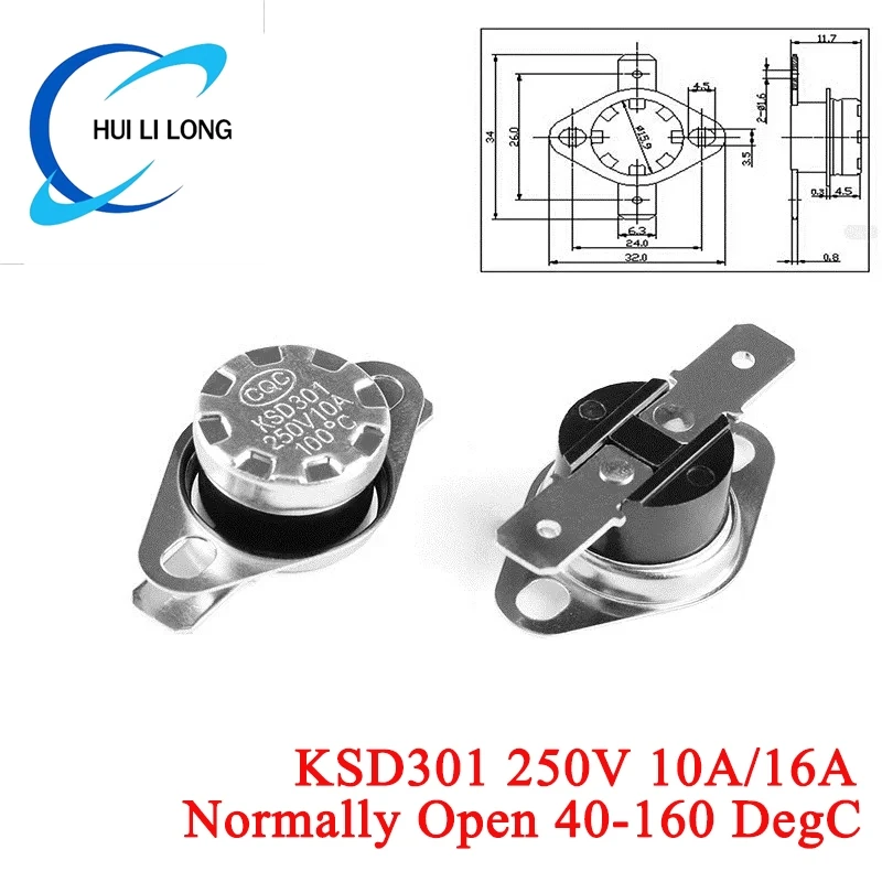 5pcs KSD301 250V 10A Normally Open Thermostat Temperature Thermal Control Switch Sensor 40 50 60 70 80 90 100 110 120 130DegC