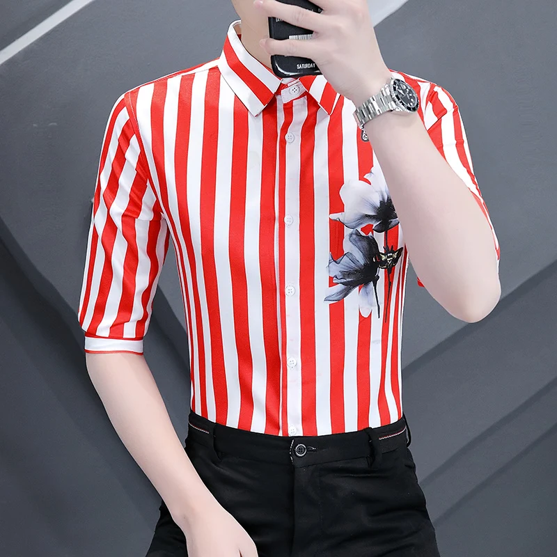 

Summer Ice Silk Men's irt Striped mid Sve Faionable Casual Haome Seven-Quarter ort Sve irt Sli Slim Fit