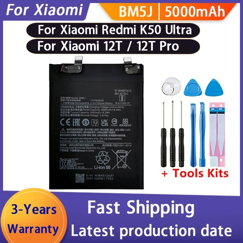 New BM5J 5000mAh Battery For Xiaomi Mi 12T Pro / Redmi K50 Genuine Mobile Phone Replacement Batteries Bateria Batterij+Tools