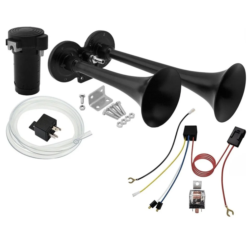 150db Super Loud Dual Trumpet Air Horn Kit With Air Compressor Electric Speaker Horn Replacement For 12V Vehicles Cars Boats