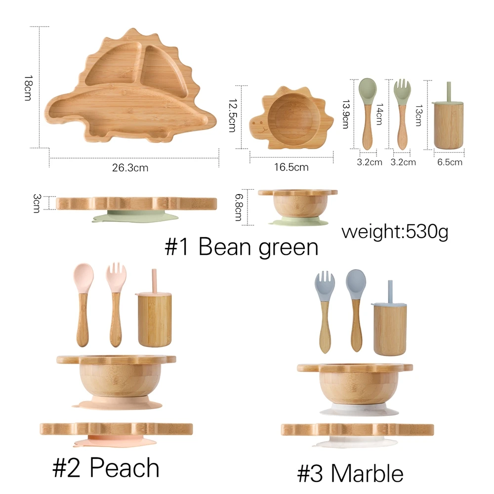 Plato de cena de bambú para bebé, juego de vajilla de madera de silicona sin BPA para niños, cuenco para bebé, cuchara, tenedor, taza, accesorios de alimentación de silicona