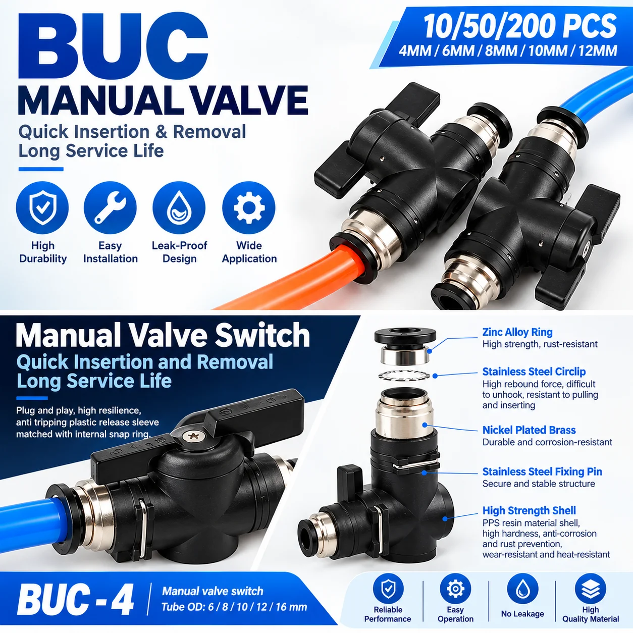 BUC Pneumatic Manual Valve - Straight Head Quick Coupling Steering Switch Manual Ball Valve for Air Hose (4mm,6mm,8mm,10mm,12mm)