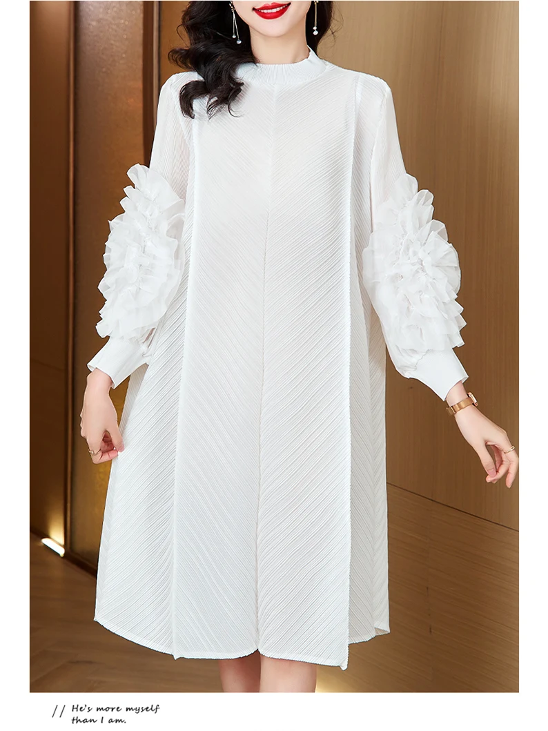 ヘビーウェイト花柄プリーツドレス 春秋新作 スタイリッシュなハイファッション プラスサイズ ゆったりスタンドカラー スパイラルスカート レディースドレス