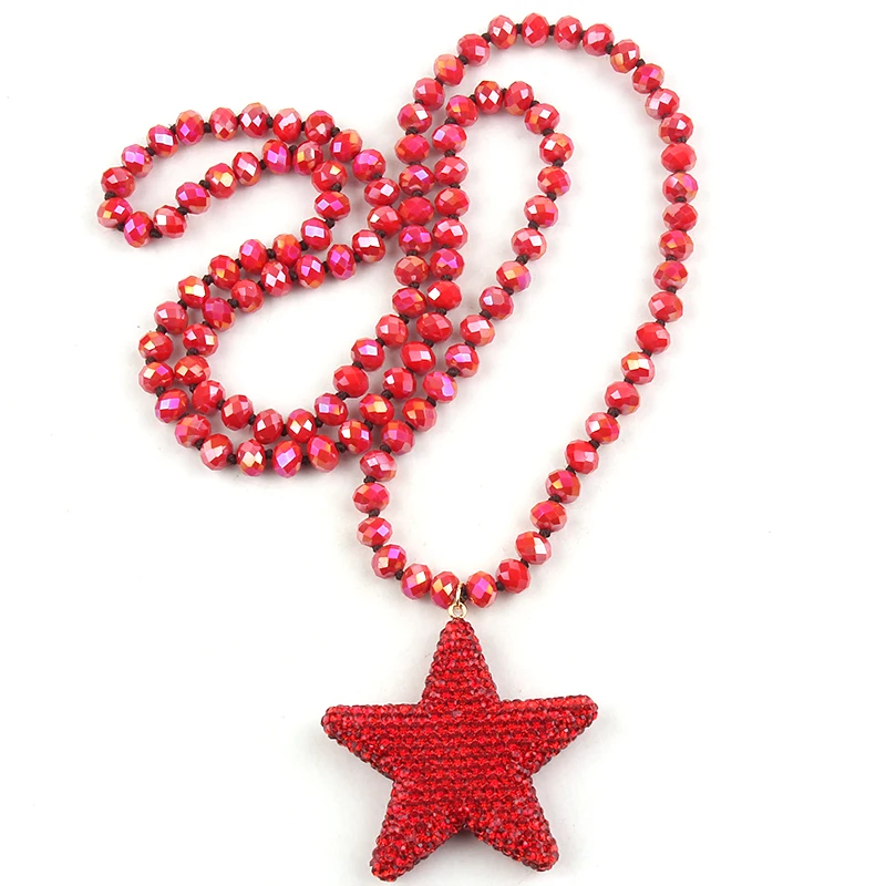 RH Fashion artystyczna biżuteria 8mm szklany długi wiązany kryształowy wisiorek w kształcie gwiazdy naszyjnik dla kobiet prezent Boho
