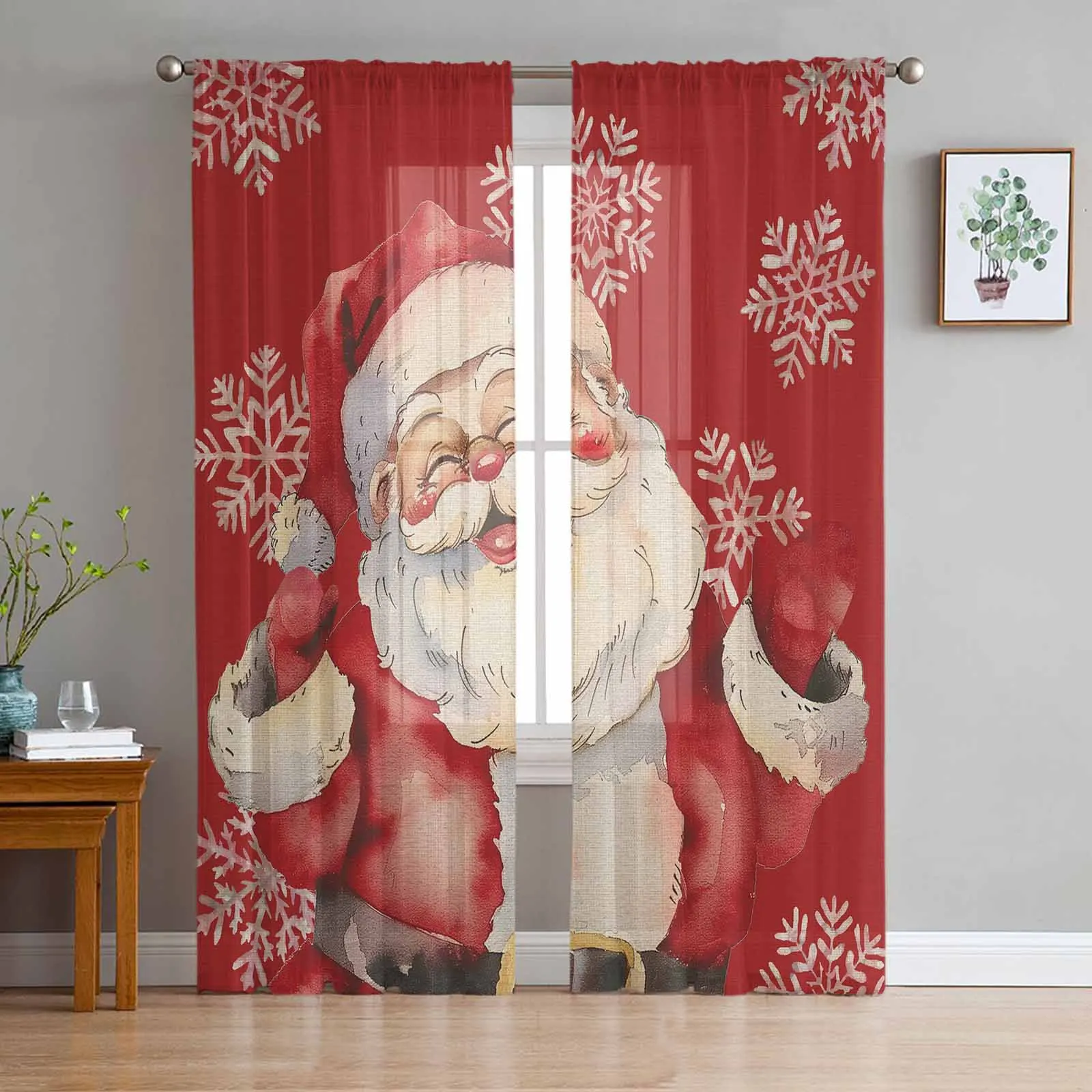 

Christmas Watercolor Snowflake Santa Tulle Curtains for Living Room Decoration Modern Chiffon Sheer Voile Christmas Curtains