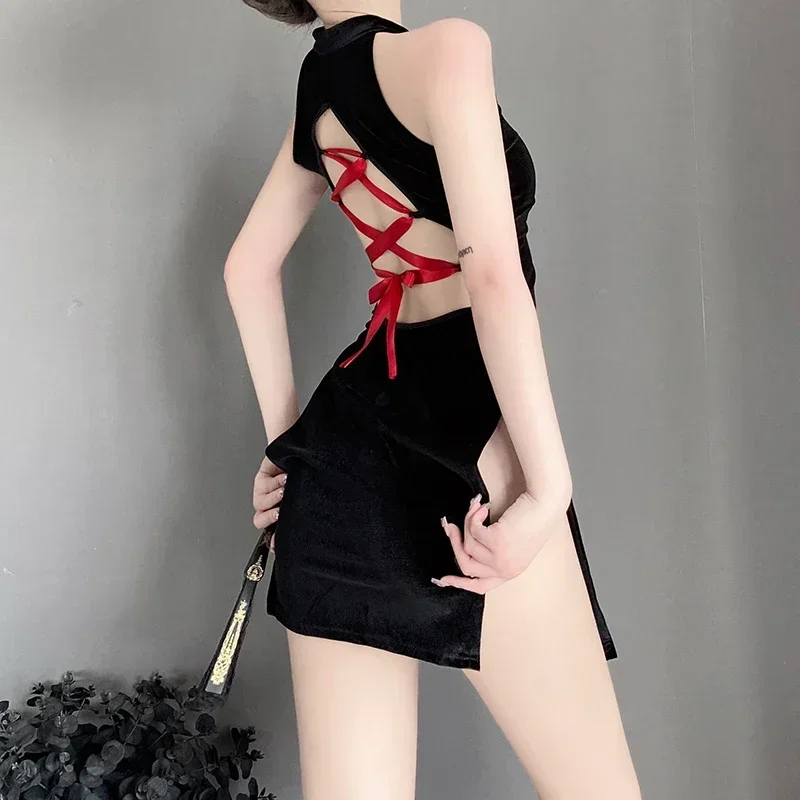 Sexy Lingerie Black High Split Cheongsam Uniform Backless Lacing Exotic Dresses Hollow Out Cheong-sam Night Club Wear Women Girl