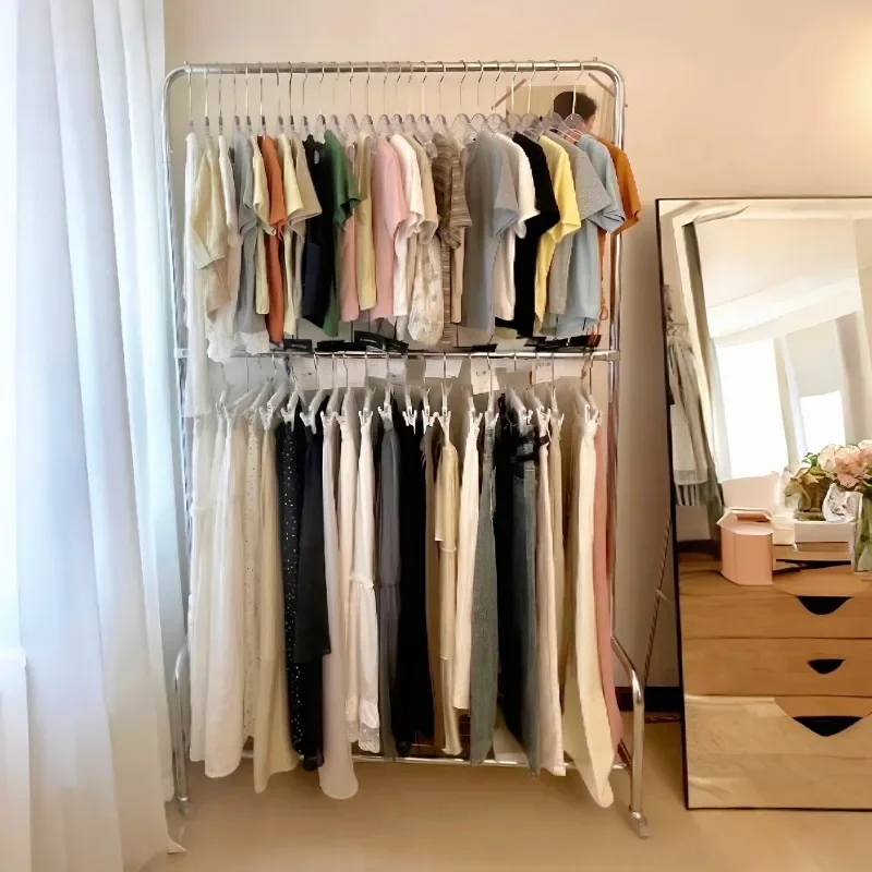 Upper and lower double-layer lifting coat rack, rust-proof carbon steel clothing store clothes display rack, floor-to-ceiling be