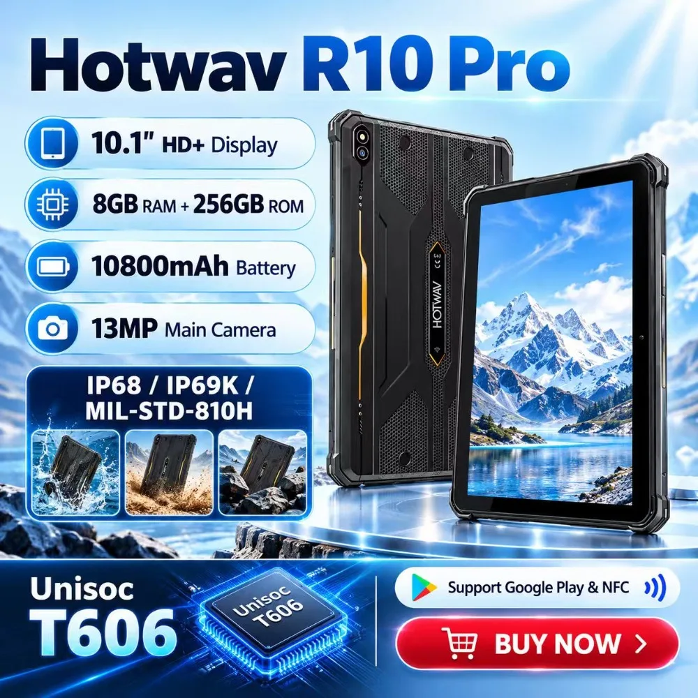 NEW Global Version HOTWAV R10 Pro 4G Rugged Tablet 10.1 Inch HD+ 20GB RAM+256GB RAM IP68 &IP69K Tablets PC 10800mAh 5MP+13MP OTG