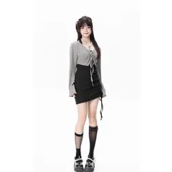 Hoodie Long Sleeved T-shirt Neck Hanging Hip Hugging Dress Two-piece Set Pure Desire Tea Series
