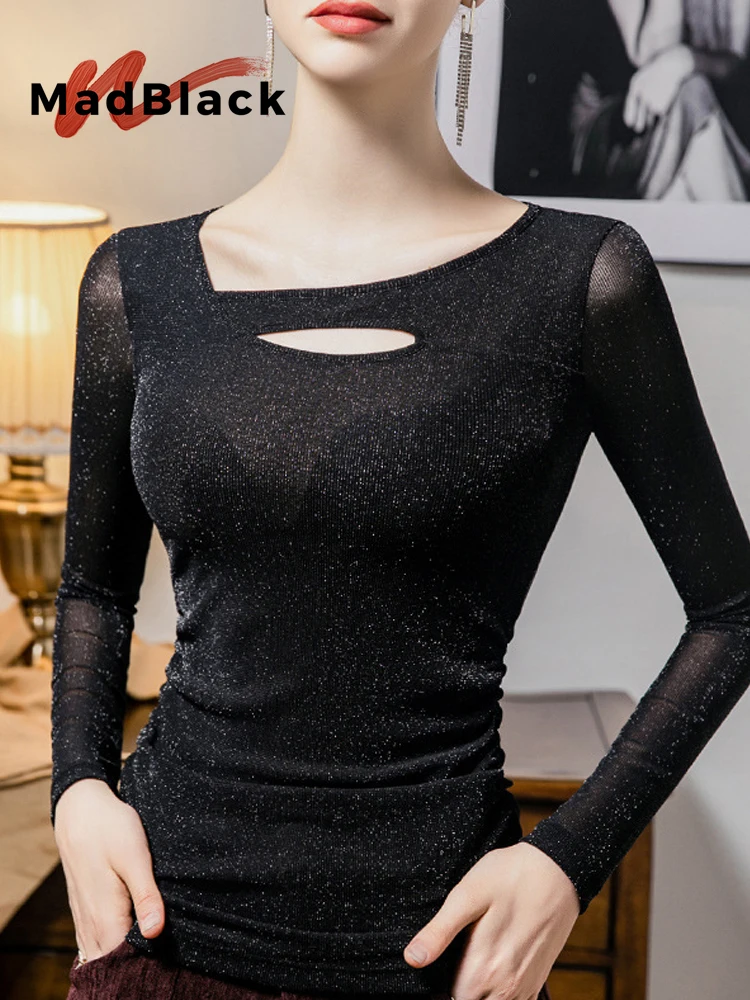 

MadBlack-Women European T-Shirt, Sexy Skew Collar Bright Silk Hollow-out, Streetwear Long Sleeve Slim Tee, 2025 Winter T5D248CC