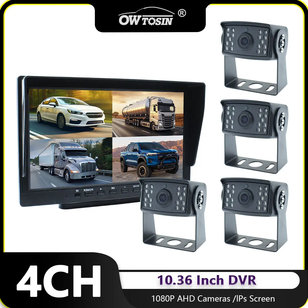 HD 1920*1080P 4 Channels 10.1 Inch IPS Screen Vehicle DVR Recorder 1080P IR Night Vision Car Camera Truck Bus Trailer Pickups