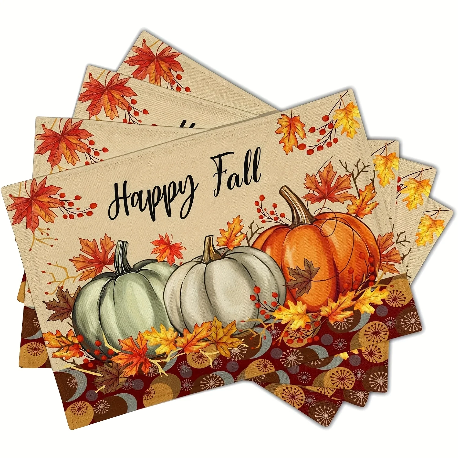 4pcs Happy Fall Placemats - Farmhouse Autumn Table Mats with Pumpkins, Maple Leaves in Orange, Beige, Brown for Thanksgiving