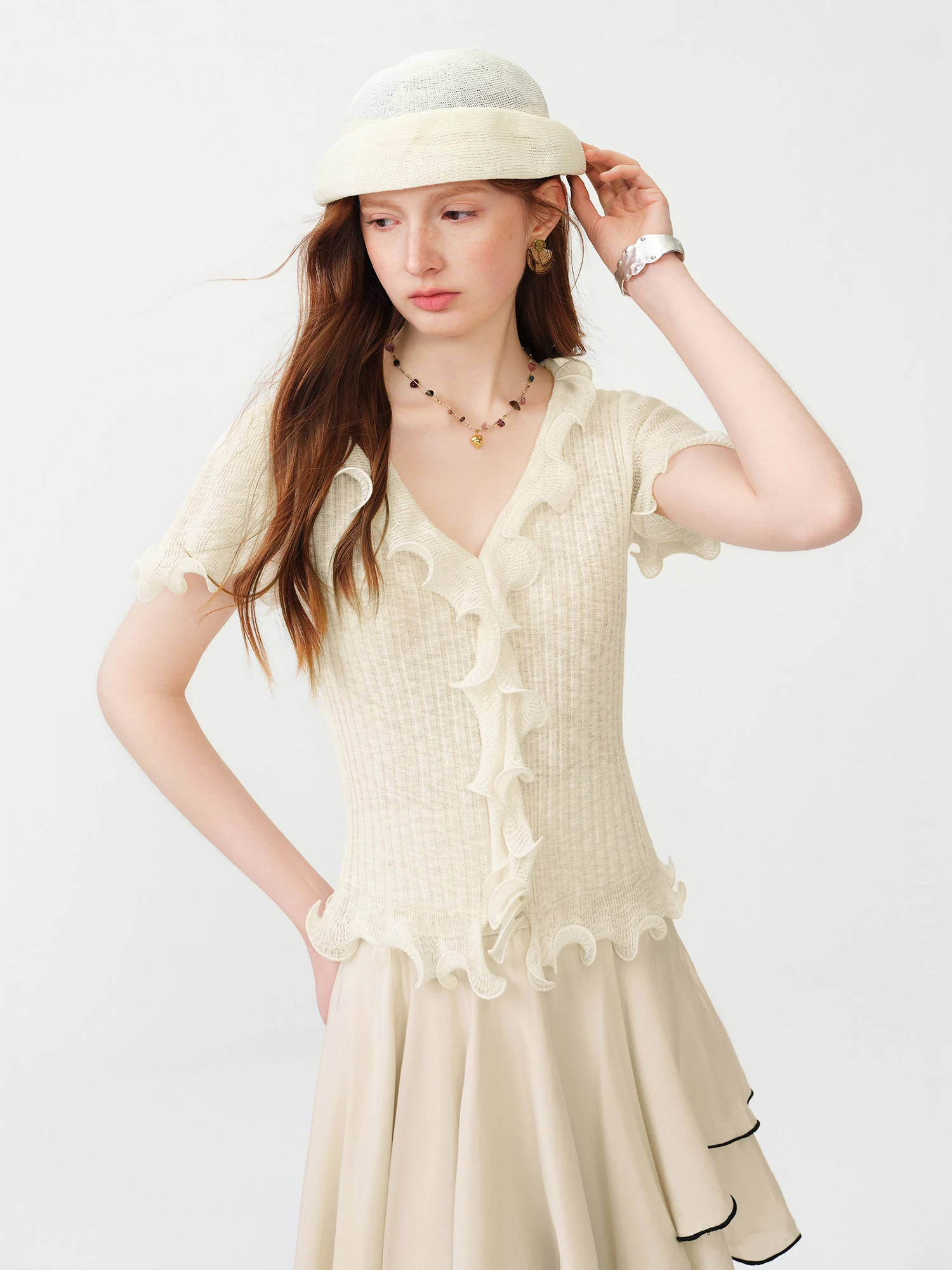FSLE 2026 Summer Women‘s V-Neck Ruffle Trim Knit Top, Short Sleeve Flowy  Short Sleeves Blouse Lightweight Coquette Soft Style view 2