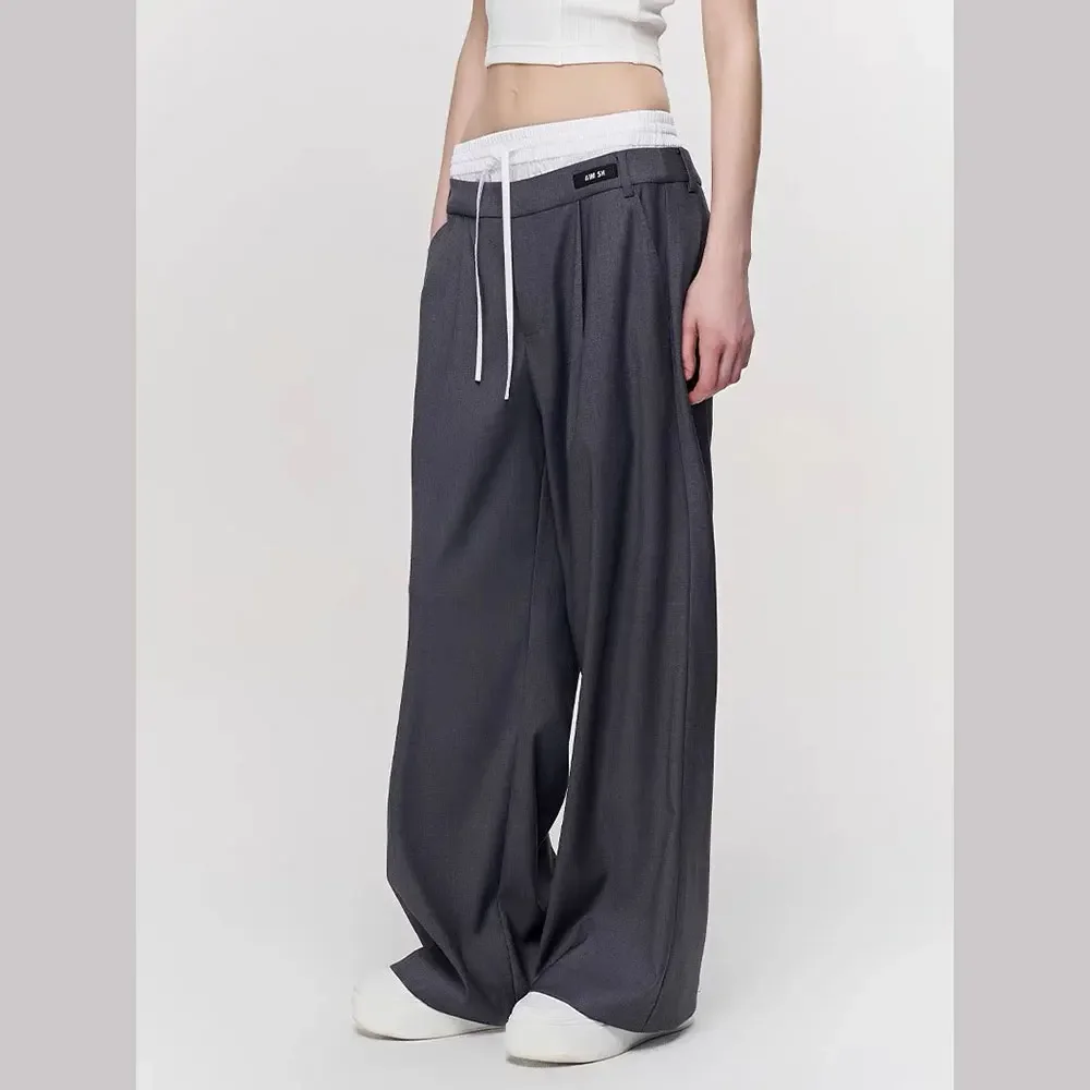 

Women's @S* Double Waistband Drawstring Straight Elastic Waist Suit Casual Pants Loose Wide Leg Peplum Pants Streetwear