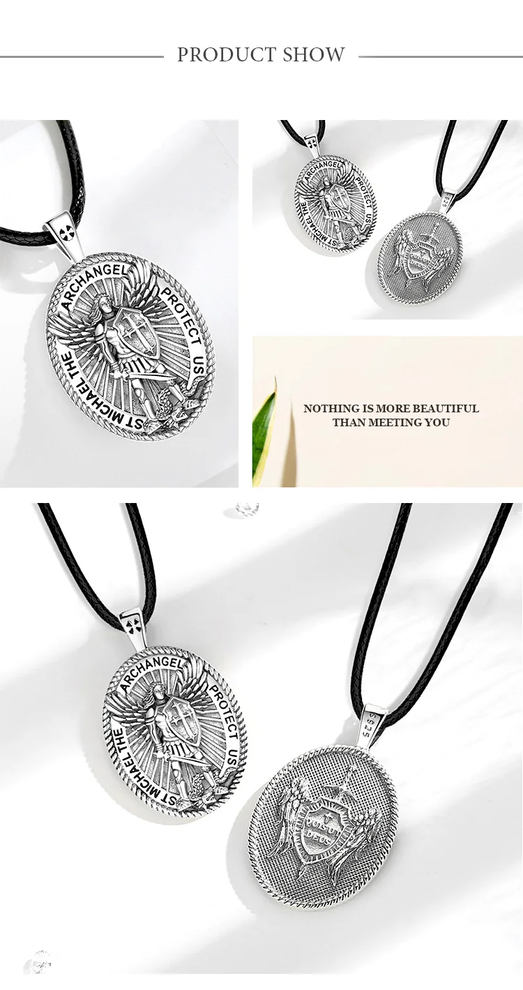 Eudora Halskette aus 925er-Sterlingsilber, Heilige Michael, Krieger, Schild, Kreuz, Amulett, Anhänger, christlicher Schmuck, Männer, Persönlichkeit, Geschenke – Detail 6