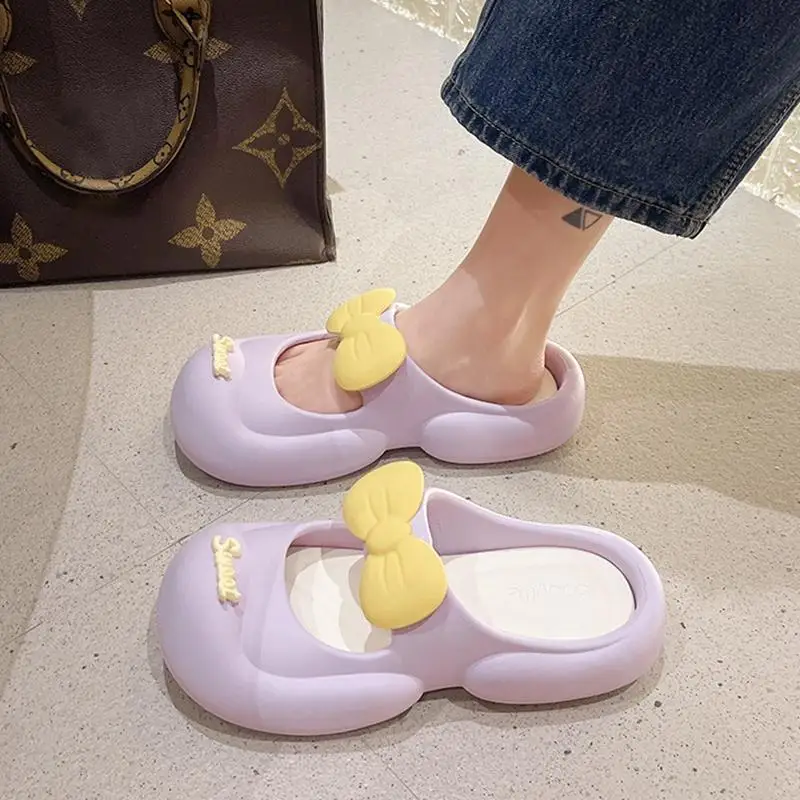 Casual Slippers Women Home Summer Mules Fashion Designer Shoes Girls 2024 Cartoon Bow Cute Platform Slides Flats Indoor Sandals