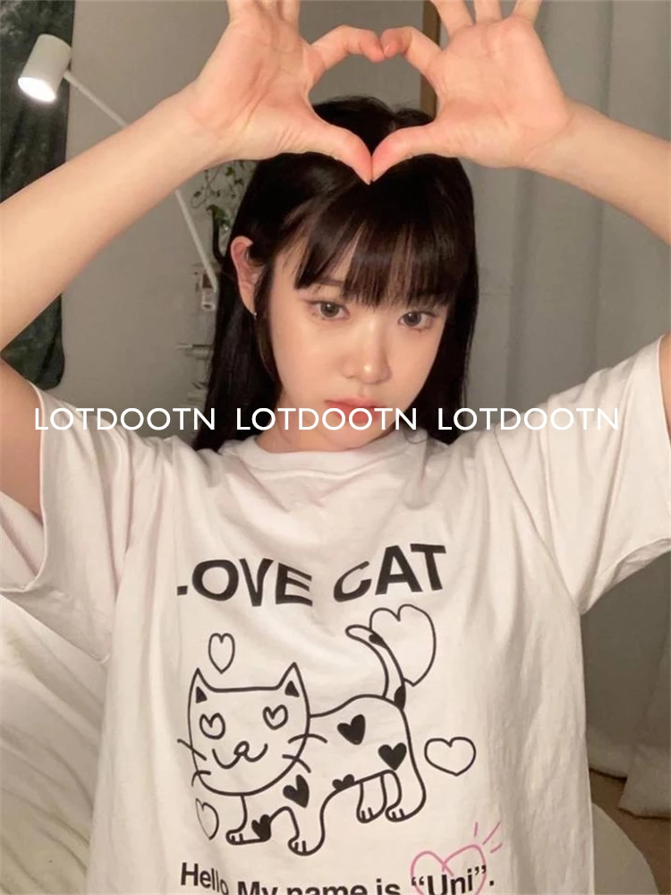 LOTDOOTN Pure Cotton Tops Y2k Cat Graphic Print Tees Letter Graphic Female Kawaii Cartoon Harajuku T-shirt Unisex Clothing Women