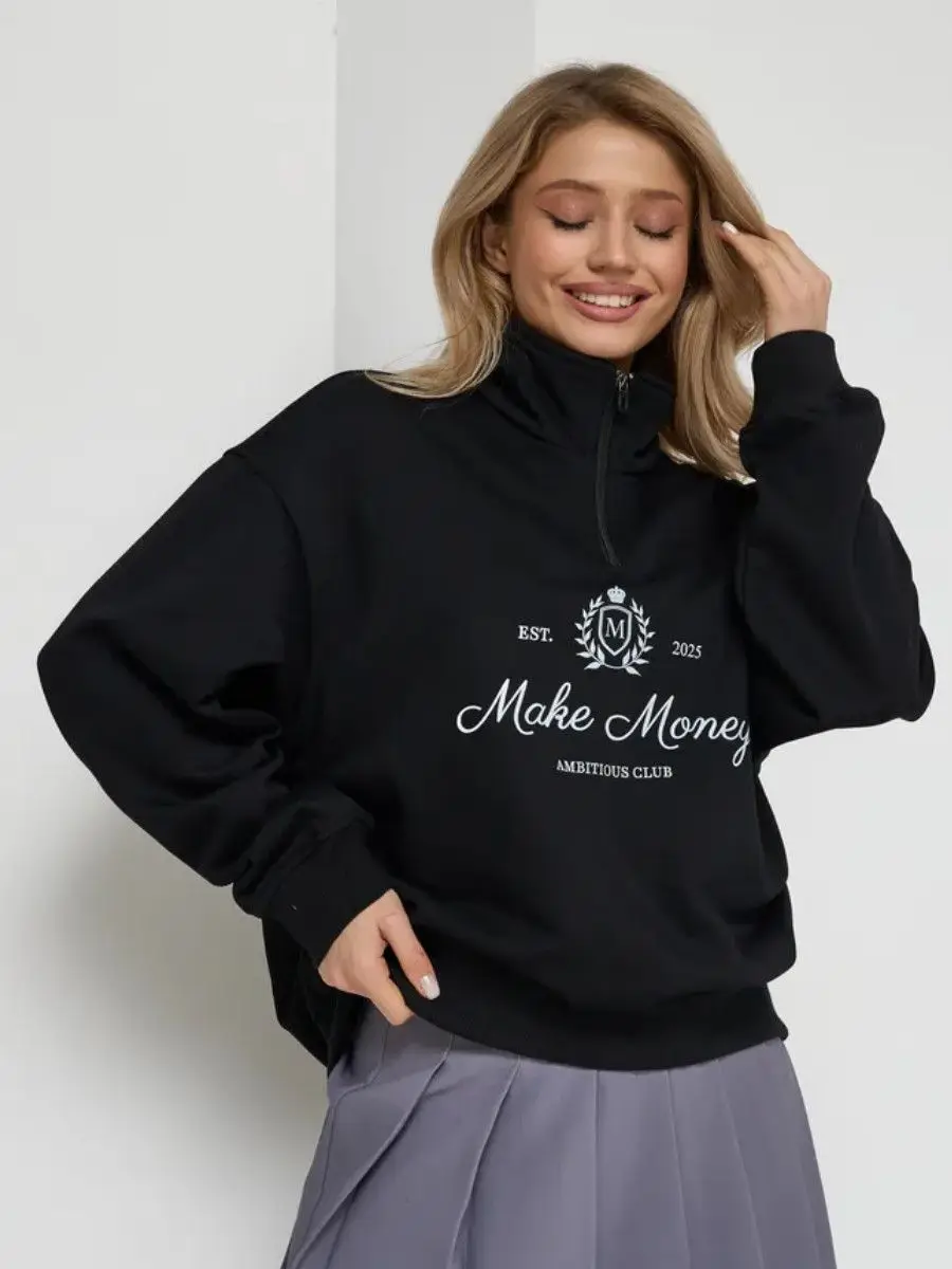 Felpa con colletto rovesciato con zip maglione bianco con grafica distintivo retrò americano Felpa ampia di grandi dimensioni autunno alla moda College Lady Hip Hop