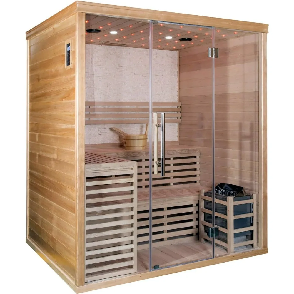 Hemlock Wood Traditional Wet or Dry 4-5 Person Glass Wall Sauna, with 6KW Heater, Rocks, Water Bucket, Ladle, LED Lights, Sauna