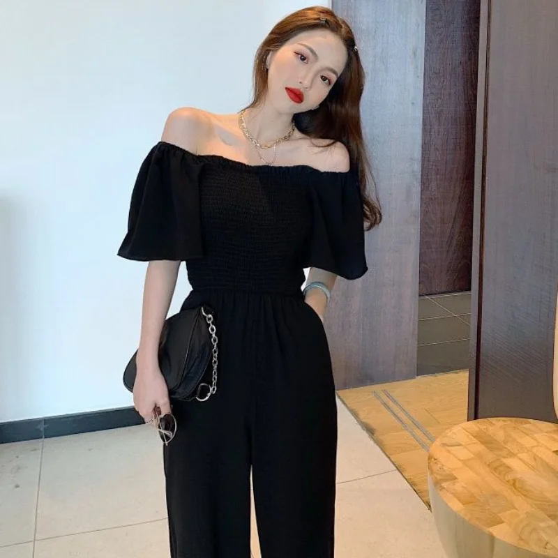 Jumpsuits Women Spring Solid Slash Neck Casual Full Length Simple Wide Leg Korean Style Stylish Classic Chic Fashion Newly Ins