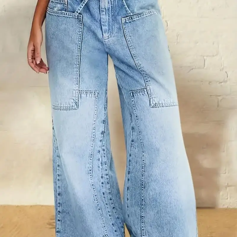 

Waed High Waist Wide Leg Jeans Loose Fit Washed Denim Pants mid Rise PU Fabric Women's Fashionable Cross-Border Jeans