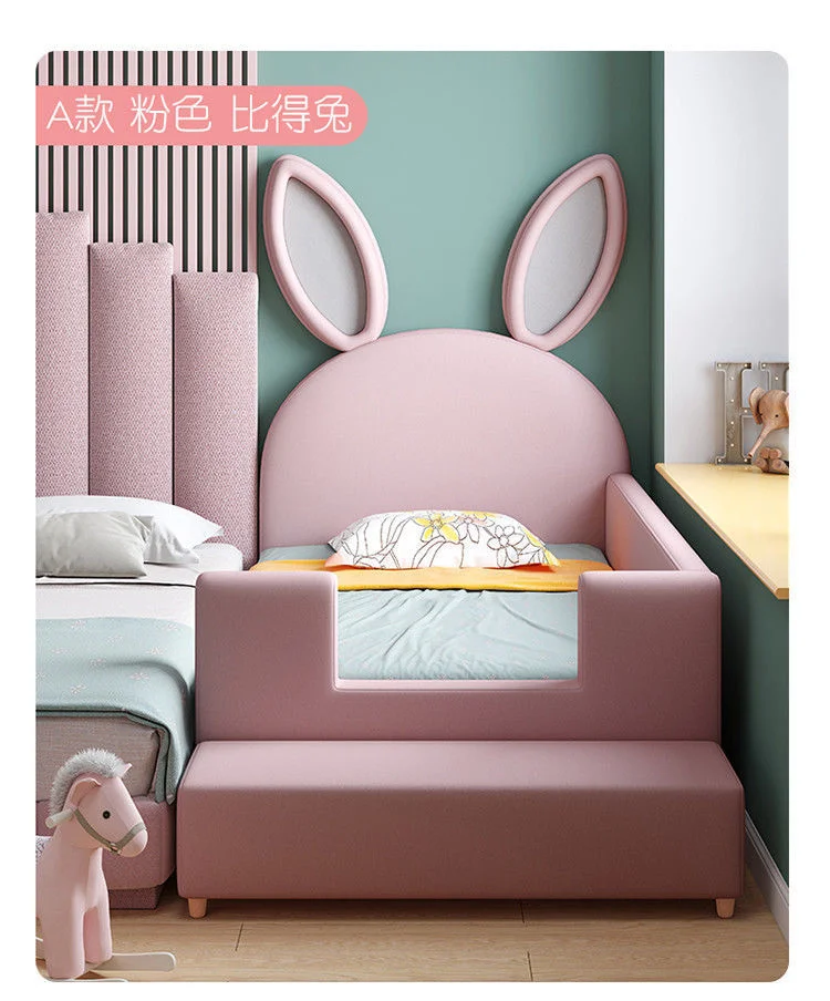 Solid Wood Children's Bed Stitching Bed Widened Single Bed  with Guardrail