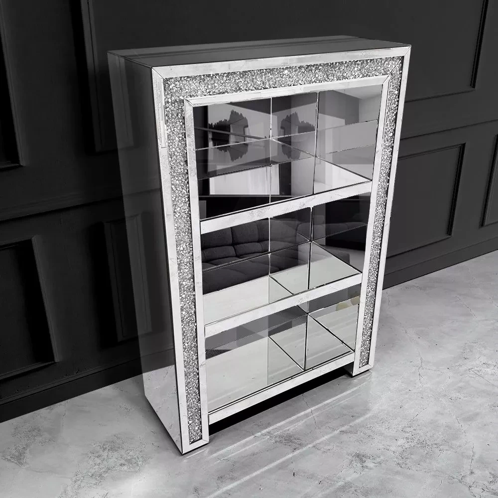 Luxury Living Room Furniture Sparkling Crushed Diamond Glass Standard Bookcase Wine Bar Cabinet