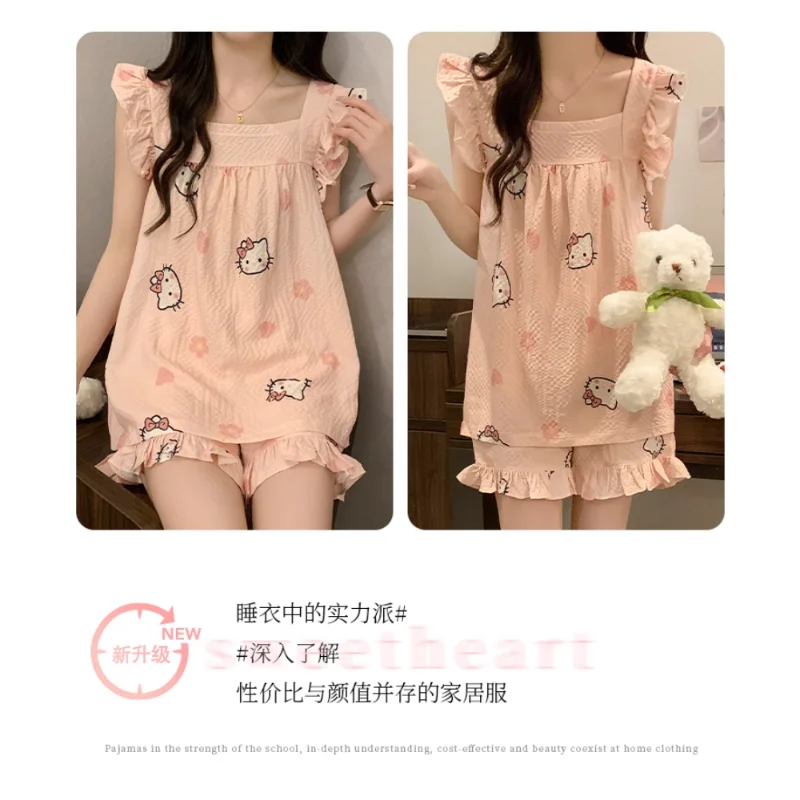 Sanrio New Hello Kitty Ice Silk Sling Pajamas Cute Cartoon Casual and Comfortable Cool Breathable Lightweight Home Sexy Pajamas